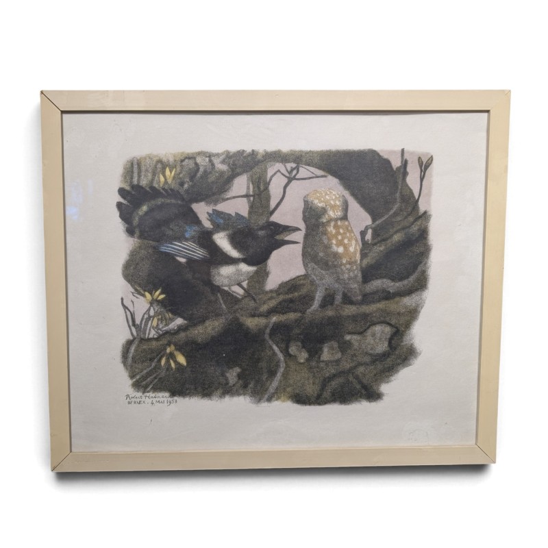 Xylographie "Chevêche et pie" par Robert HAINARD
