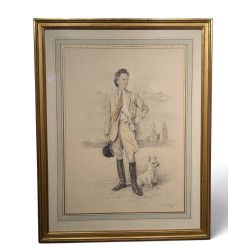 Dessin "Dame et son chien" signé X DE PORET 55