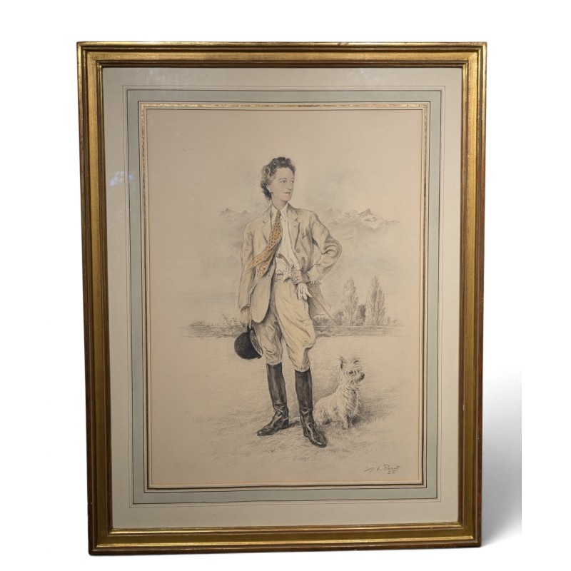 Dessin "Dame et son chien" signé X DE PORET 55