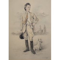 Dessin "Dame et son chien" signé X DE PORET 55