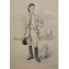 Dessin "Dame et son chien" signé X DE PORET 55