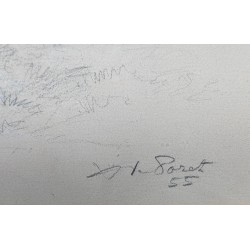Dessin "Dame et son chien" signé X DE PORET 55