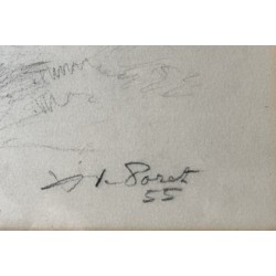 Dessin "Dame et son chien" signé X DE PORET 55