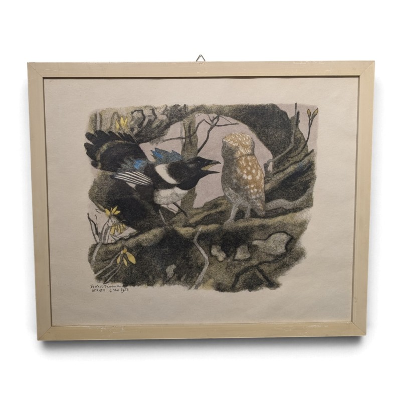 Xylographie "Chevêche et pie" par Robert HAINARD