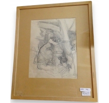 Dessin "Femme au pressoir" signé O. VAUTIER