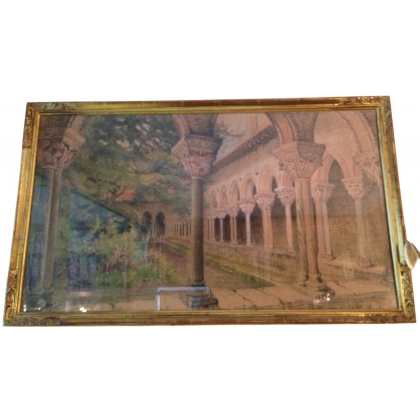 Pastel "Cloître de Moissac" signé E. FOREL  sur Moinat SA  - Antiquités décoration -  Gouaches, Aquarelles, Pastels