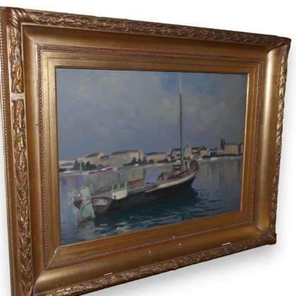 Huile sur panneau \"Neptune dans la rade\"
