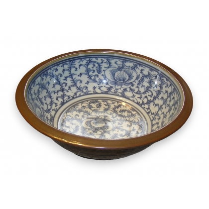 Coupe porcelaine bleu-blanc, bord brun