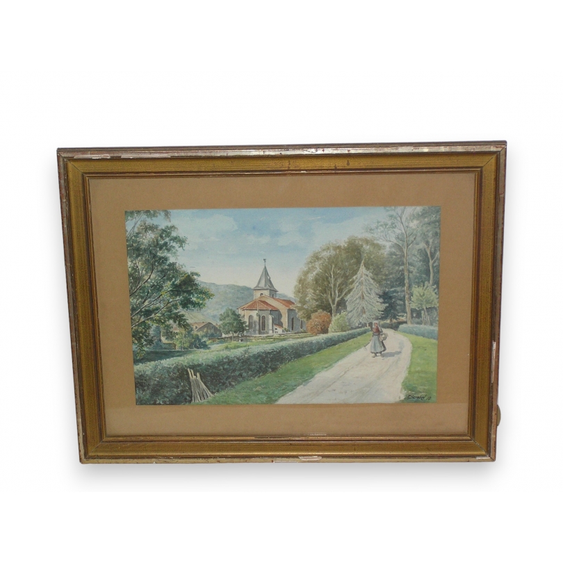 Cadre bois doré avec aquarelle signée