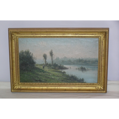 Oil on canvas "River", gilded frame,