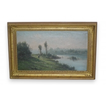 Huile sur toile "Rivière", cadre doré