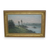 Huile sur toile Rivière , cadre doré,