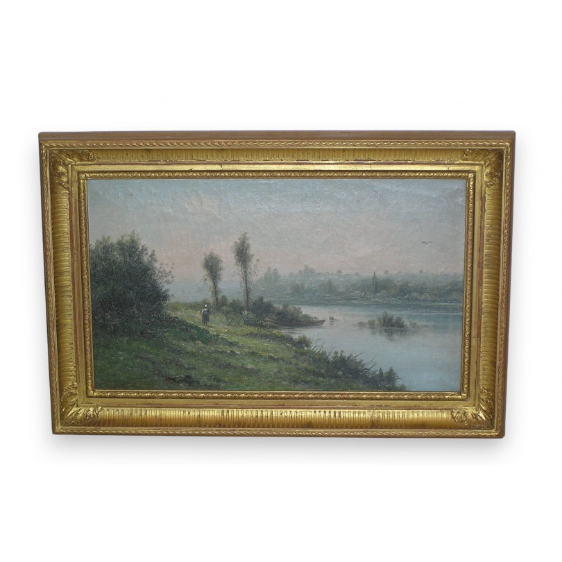 Huile sur toile "Rivière", cadre doré