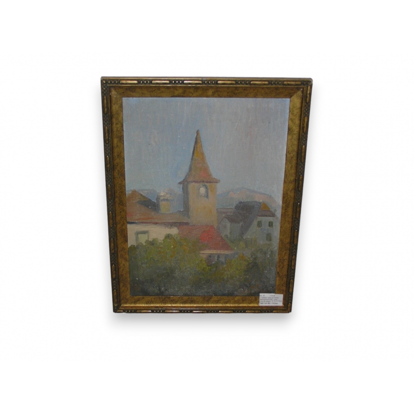 Paintings | Oil on cardboard “Village View” Moinat SA  – Antiques and home décor