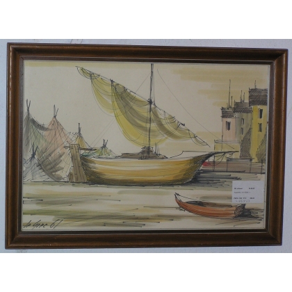 Watercolour, "Boat", signed GREEK 61