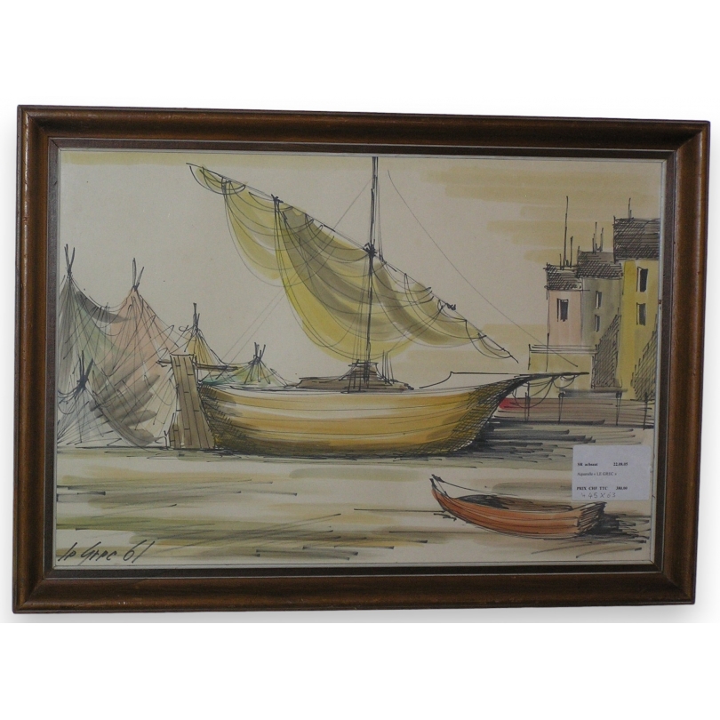 Aquarelle "Bateau" signée LE GREC 61  sur Moinat SA  - Antiquités décoration -  Gouaches, Aquarelles, Pastels
