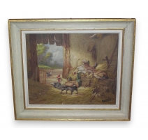 Huile sur toile "Bassecour", signée L LARTIGAU