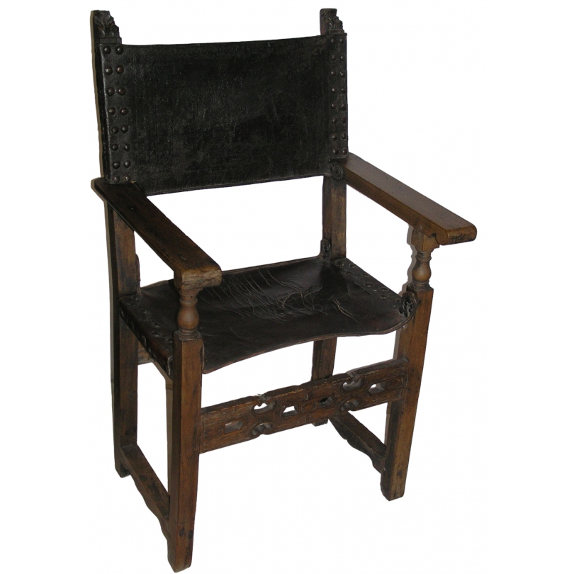 Fauteuil Haute Epoque en bois et cuir