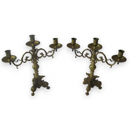 Pair of 3-candle brass candlesticks by Moinat SA – Antiques and home décor