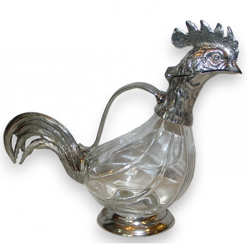 Carafe \"Coq\" en verre et étain