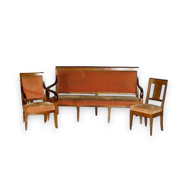 Directoire-style living room set, comprising 1 sofa, 2 armchairs and 2 chairs, by Moinat SA – Antiques and home décor