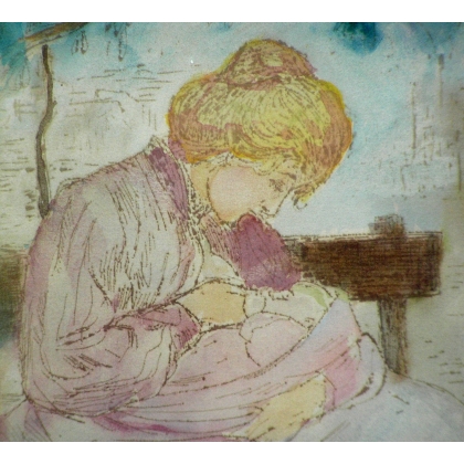 Aquarelle "Mére et enfant"  sur Moinat SA  - Antiquités décoration -  Gouaches, Aquarelles, Pastels