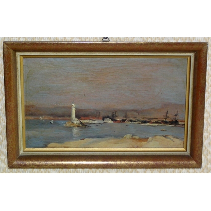 Huile sur panneau \"Vue de Port\"