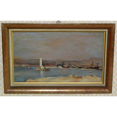 Huile sur panneau \"Vue de Port\"