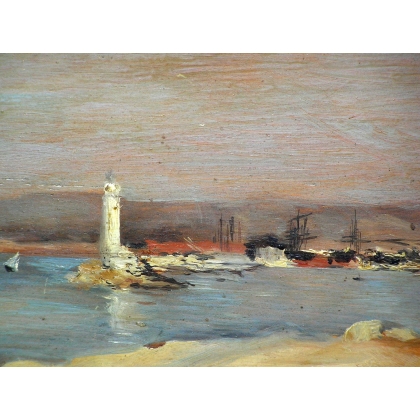 Huile sur panneau \"Vue de Port\"