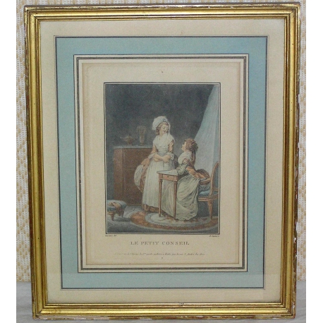 Stich „Le Petit Conseil“ von Lavreince sur Moinat SA – Antiquitäten und Dekoration – Stiche, Lithografien