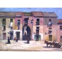 Table "View of village", signed L. DAVID.