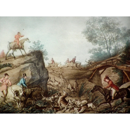 Lithografie „L'Hallali“ von VERNET  bei Moinat SA  – Antiquitäten und Dekorationsgegenstände –  Stiche, Lithografien