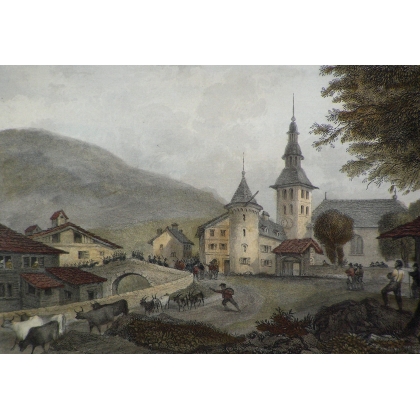 Radierung „Migève – Savoie“ von BROCKEDON, herausgegeben von Moinat SA – Antiquitäten und Dekorationsgegenstände – Radierungen, 