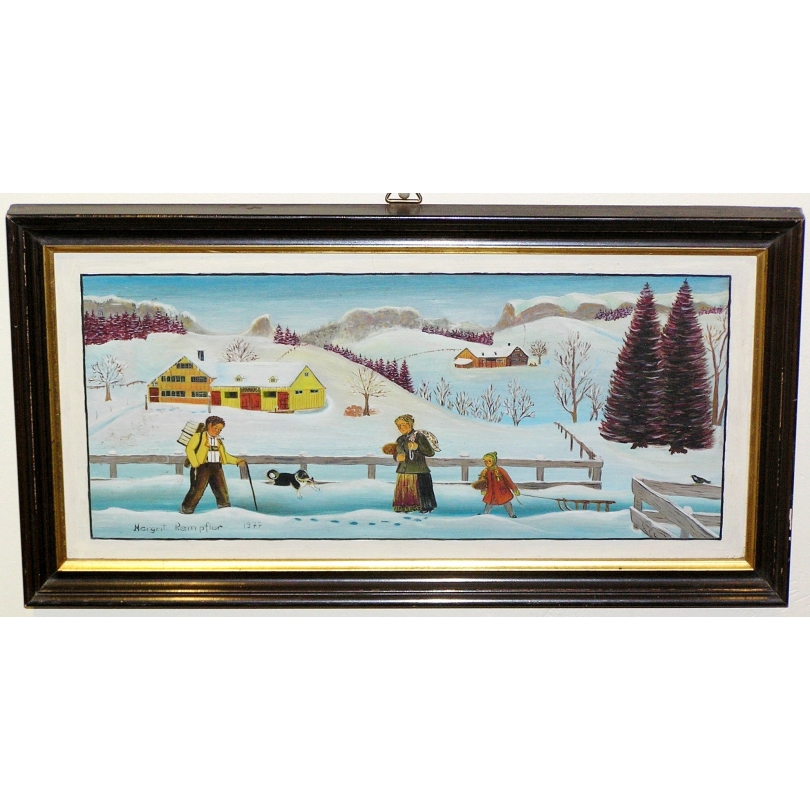 Huile sur panneau naïve "Winter Idyll"