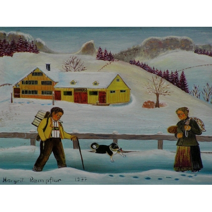 Paintings | Naïve oil on panel, ‘Winter Idyll’, Moinat SA  – Antiques and home décor