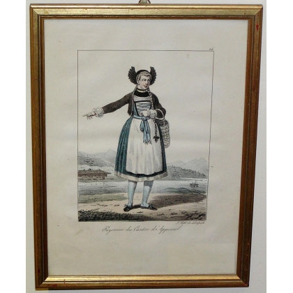 Engraving: ‘Peasant Woman from the Canton of Sur Moinat SA’ – Antiques and decorative items – Engravings, lithographs