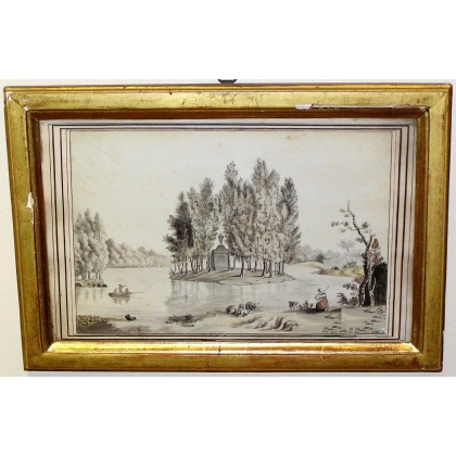 Aquarelle seppia "Tombeau de Rousseau" par WOLF  sur Moinat SA  - Antiquités décoration -  Gouaches, Aquarelles, Pastels
