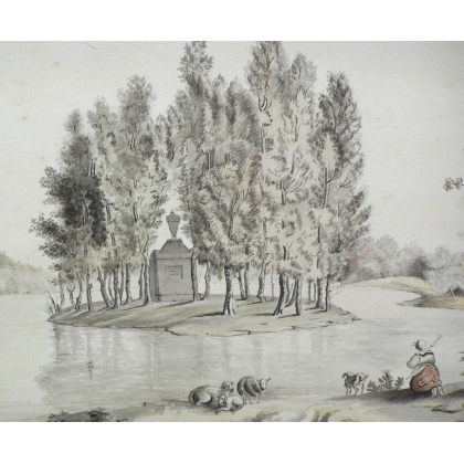 Aquarelle seppia "Tombeau de Rousseau" par WOLF  sur Moinat SA  - Antiquités décoration -  Gouaches, Aquarelles, Pastels
