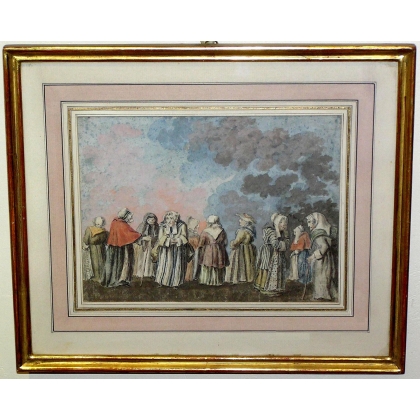 Aquarelle "Rencontre de vielles dames"  sur Moinat SA  - Antiquités décoration -  Gouaches, Aquarelles, Pastels