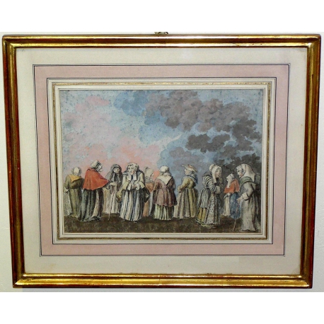 Aquarelle "Rencontre de vielles dames"  sur Moinat SA  - Antiquités décoration -  Gouaches, Aquarelles, Pastels