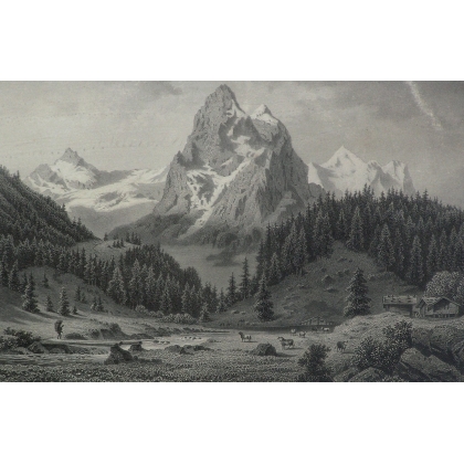 Stich „Die Grindelalp bei Grindelwald“ von Moinat SA – Antiquitäten und Dekorationsgegenstände – Stiche, Lithografien