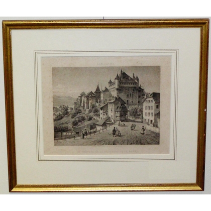 Radierung „Lausanne, das Schloss und …“ von Moinat SA – Antiquitäten und Dekoration – Radierungen, Lithografien