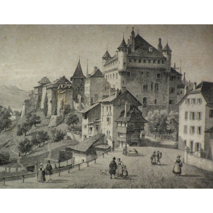 Radierung „Lausanne, das Schloss und …“ von Moinat SA – Antiquitäten und Dekoration – Radierungen, Lithografien