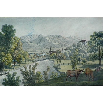 Kolorierter Stich „Sarnen“ von SCHMID bei Moinat SA – Antiquitäten und Dekoration – Stiche, Lithografien