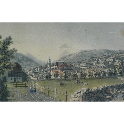 Gravure coloriée "Vue de Schwytz" par  sur Moinat SA  - Antiquités décoration -  Gravures, Lithos