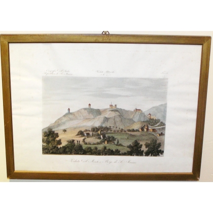 Stich „Veduta del Monte e Borge di“ von Moinat SA – Antiquitäten und Dekorationsgegenstände – Stiche, Lithografien