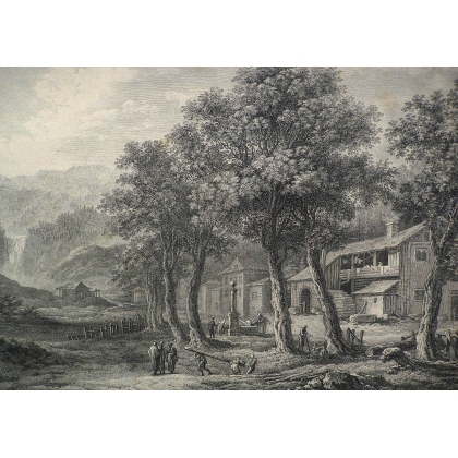 Stich „Dritte Ansicht des Dorfes Moutiers-Travers“ von Moinat SA – Antiquitäten und Dekoration – Stiche, Lithografien