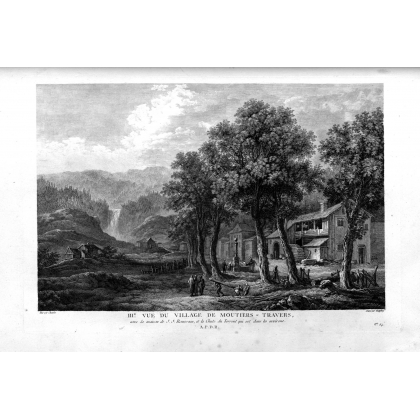 Stich „Dritte Ansicht des Dorfes Moutiers-Travers“ von Moinat SA – Antiquitäten und Dekoration – Stiche, Lithografien