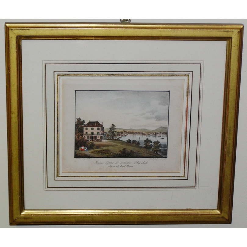 Gravure coloriée Genève depuis la