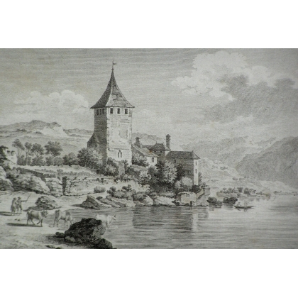 Engraving: ‘View of Glérolle Castle in Moinat SA’ – Antiques and decorative items – Engravings, lithographs